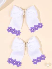 2pcs/Set White Bow Hair Clips For Girls, Cute Blue Flower Decor Bow Hair Clips, Exquisite Pearl Rhinestone Flower Decor Alligator Clips, Ribbon Hair Clips Party Hair Accessories Wedding Headwear For Girls And Teens - Multicolor - View 1