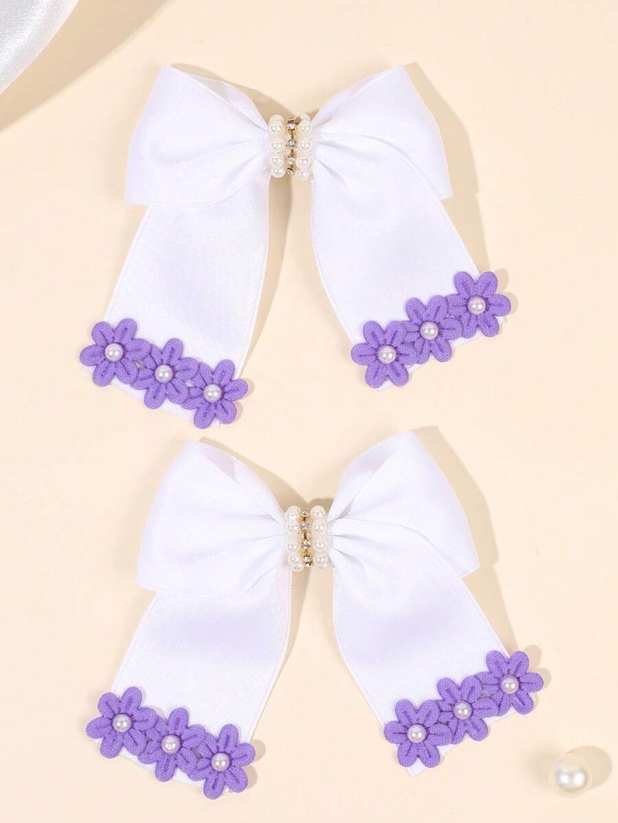 2pcs/Set White Bow Hair Clips For Girls, Cute Blue Flower Decor Bow Hair Clips, Exquisite Pearl Rhinestone Flower Decor Alligator Clips, Ribbon Hair Clips Party Hair Accessories Wedding Headwear For Girls And Teens - Multicolor - View 1