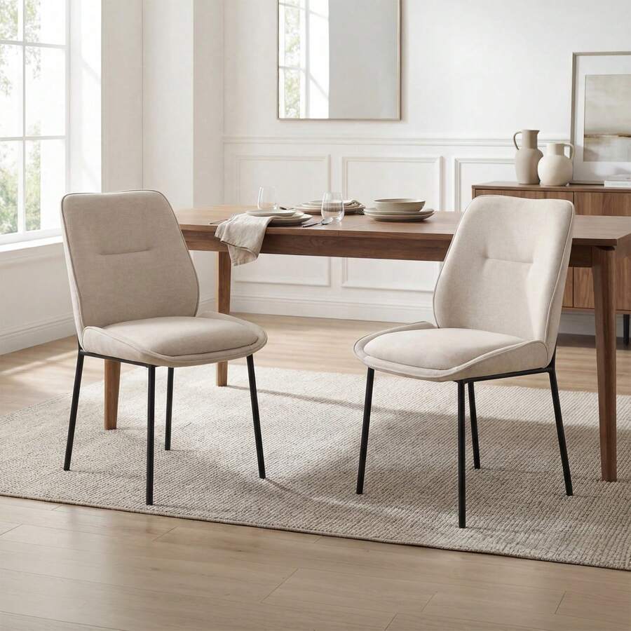 Chairus Modern Dining Chairs Set Of 2 Upholstered Kitchen Chairs In Chenille With Metal Legs For Dining Room/Kitchen/Bedroom - 燕麥色 - 查看 1