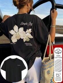 1 Piece. This Women's Crew Neck T-Shirt With A Colorful Floral And Letter Print Is Fashionable And Versatile. A Printed T-Shirt, A White T-Shirt, A Pink T-Shirt-Suitable For Vacation Wear. Casual And Cool For Summer. - 黑色 - 查看 1