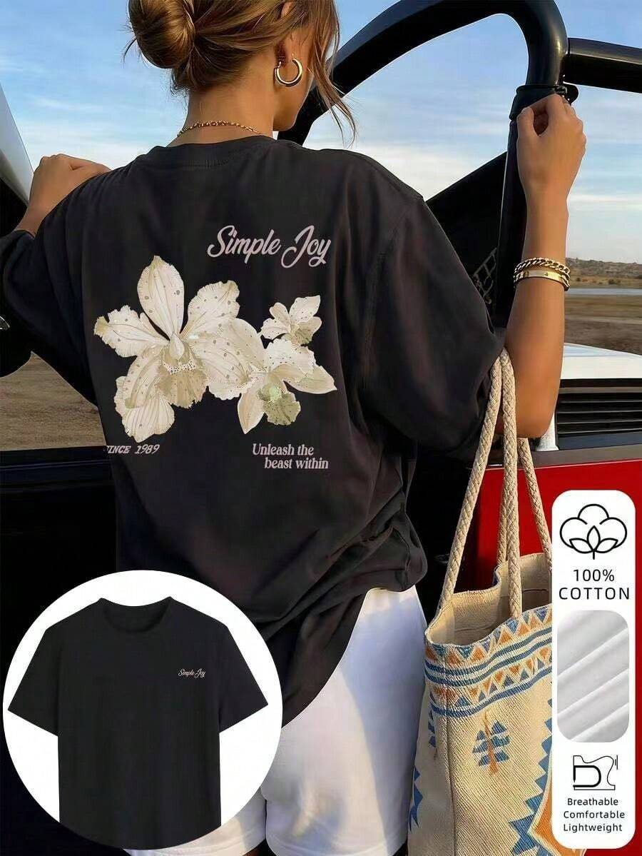 1 Piece. This Women's Crew Neck T-Shirt With A Colorful Floral And Letter Print Is Fashionable And Versatile. A Printed T-Shirt, A White T-Shirt, A Pink T-Shirt-Suitable For Vacation Wear. Casual And Cool For Summer. - 黑色 - 查看 1