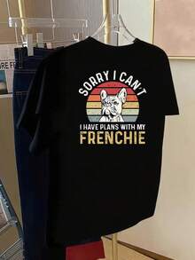 Women's T-Shirt With A French Bulldog Print On The Front And Back, Round Neck, Casual And Modern Style, Short Sleeves, Suitable For Fitness In All Seasons And Everyday Wear. This Fun Printed Top Is Perfect For Elegant Parties, Stylish Ladies, And Flattering Blouses For Curvy Women. It Can Also Be Paired With Prom Skirts Or Worn Casually. - 黑色 - 查看 2