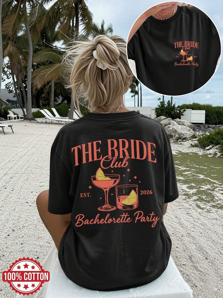 [Double-Sided Print] Women's Casual Summer Loose Fit T-Shirt, Vintage Style, THE BRIDE Print, Round Neck, Short Length, Drop Shoulders, Pure Cotton Oversized T-Shirt, Elegant Party Outfit, T-Shirt For Elegant Ladies, Blouses Suitable For Curvy Women, Prom Skirts, Casual Wear - 黑色 - 查看 1