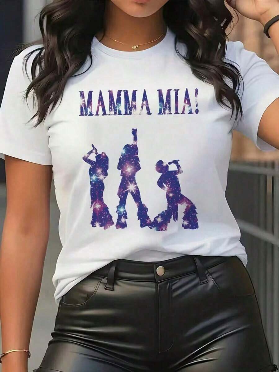 Women's Short-Sleeved T-Shirt, 100% Cotton, Printed With "Y2K Retro Mamma Mia!" Sequin Textured Silhouette, Machine Washable, Breathable, And Comfortable To Wear. Suitable For Streetwear, Parties, Social Events, Music Festivals, Bars, Daily Commutes, Outdoor Travel, And Can Be Worn Casually In Spring, Summer, And Autumn. - 白色 2 - 查看 1