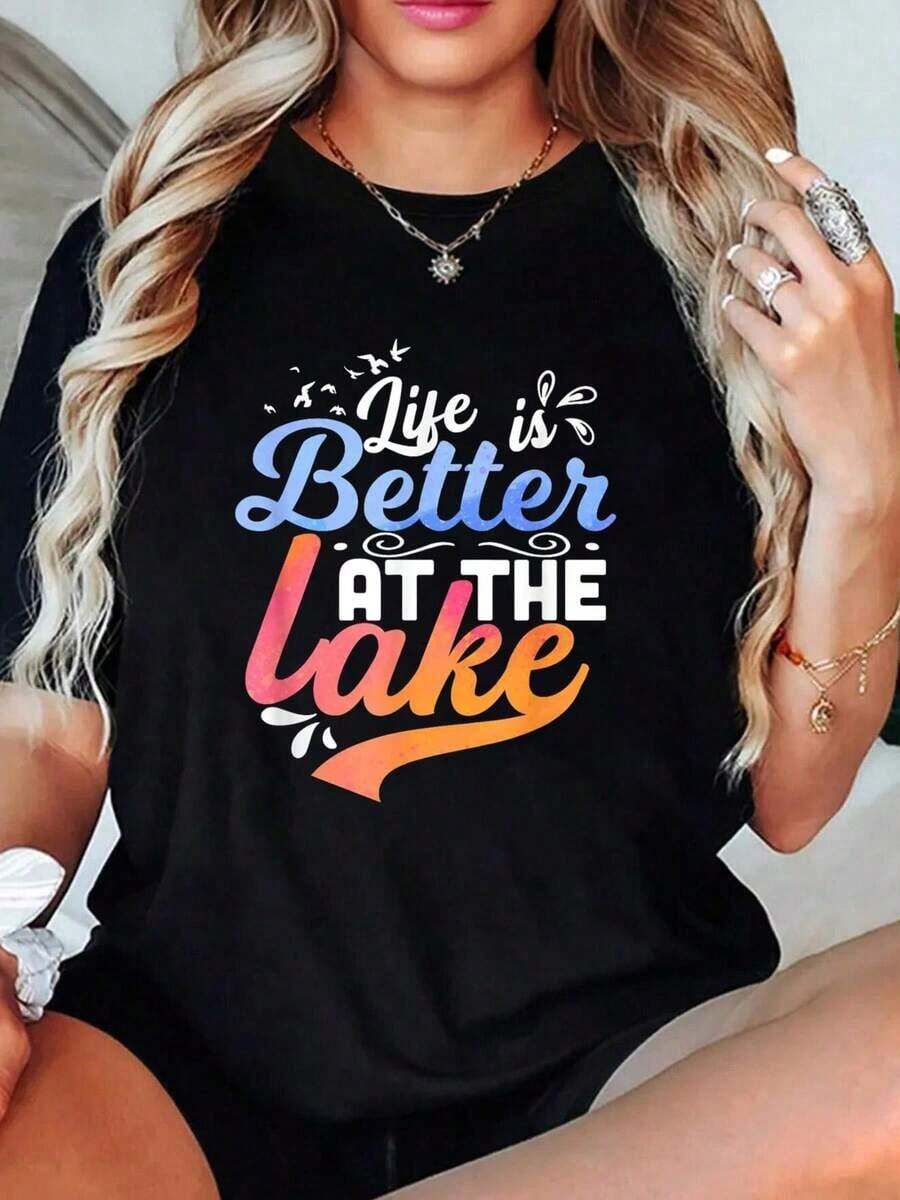 La vida es mejor en el lago: Pesca, paseos en barco, camiseta con diseño de vida en el lago. - Negro - Ver 1