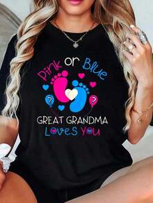Pink Or Blue T-Shirt With The Phrase "Grandma Loves You", Gender Reveal Clothing For Women - 黑色 - 查看 6