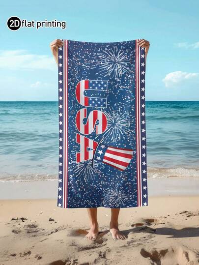 1pc Oversized American Independence Day Themed Modern Holiday Print Beach Towel, Soft Absorbent Striped Beach Bath Towel, Suitable For Travel, Vacation, Sports, Bathroom, Pool And Camping, Strong Water Absorption