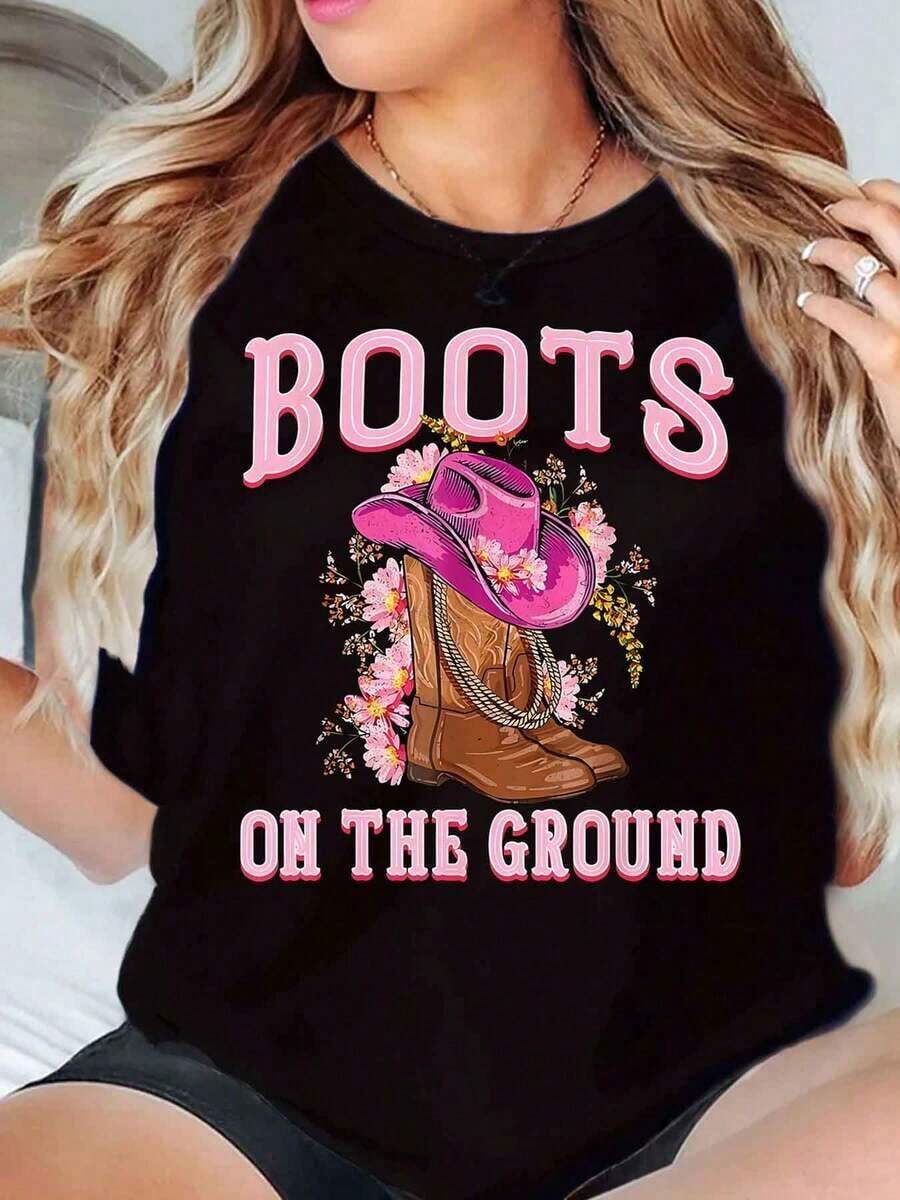Women's Clothing Women's T-Shirt With Floor Boots Print, Text And Cowboy Hat With Flowers, Round Neck, Western Casual Style, Gift For Her, Women's Shirts - 黑色 - 查看 1