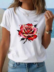 Limited Time Offer, Limited Quantity Available, Flash , Women's Shirts, Women's T-Shirts. Women's Oversized White T-Shirt, Short Sleeve Round Neck, Red Rose Graffiti Print With Gold Details, Casual Artistic Urban Style For Everyday Wear - 白色 - 查看 3