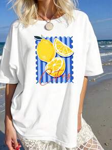 This Premium T-Shirt With A Retro American Citrus Stripe And Lemon Print Effortlessly Creates A Sweet And Casual Look, Perfect For Summer Leisure Time, Daily Commutes, Casual Outings, And Vacations. ! - 白色 - 查看 1