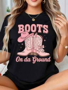 Women's Retro Western Design Short Sleeve T-Shirt With Boots On The Ground, Cowboy Hat And Boots Design, Casual Round Neck Printed Short Sleeve T-Shirt For Everyday Wear, They Are Excellent Gifts For Friends And Family, 100% Cotton T-Shirts Feature, A Youthful And Fashionable Design Casual Blouses For Women - 黑色 - 查看 1