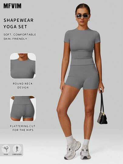  Bộ đồ tập yoga ngắn tay và quần short MFVIM dành cho nữ, bộ đồ thể thao ôm sát cạp cao, trang phục năng động thường ngày thanh lịch dành cho nữ, bộ đồ tập thể dục 2 mảnh, thoáng khí và thoải mái, phù hợp cho sinh hoạt hàng ngày, hoạt động ngoài trời, chạy bộ, đạp xe, yoga, pilates, tập gym.