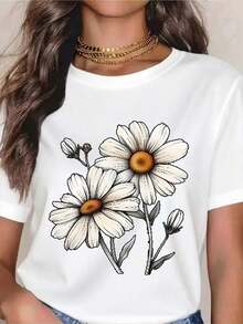 Women's White Casual T-Shirt With Daisy Print - Boho Floral Summer Casual Top, Comfortable Short Sleeve Crew Neck T-Shirt For Everyday Wear, Gift Idea For Mother's Day, Birthday Or Spring, Must-Have - 白色 - 查看 1