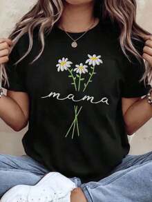 Camiseta Bordada con Diseño de Flores para Mujer, Regalo para el Día de la Madre, Talla Grande, con Diseño de Margaritas, 220g - Estilo Vintage Urbano, Unisex, Holgada, de Algodón, Manga Corta, Cuello Redondo, 100% Algodón - Negro - Ver 7