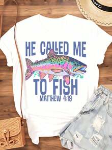 Women's Cotton T-Shirts, Christian Fishing T-Shirt "He Called Me To Fish" Matthew 4:19 For Women, Religious Bible Verse T-Shirt, Outdoor Adventure Gift For Fishermen And Devout Christians, Women's Basic Blouses - 白色 - 查看 3