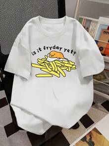 Modern Minimalist T-Shirt With Egg Yolk And French Fries Print Gude 06, Fun Food Style, Short Sleeve, Slim Fit, Versatile Casual Clothing For Women, Brand Collaboration, Unique, For Everyday Wear - 白色 - 查看 7