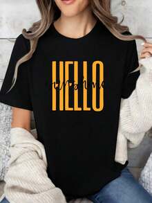 Women's Casual Cotton Crew Neck T-Shirts In Y2K Style - Simple Everyday T-Shirt With "HELLO Sunshine" Print. - 黑色 - 查看 1