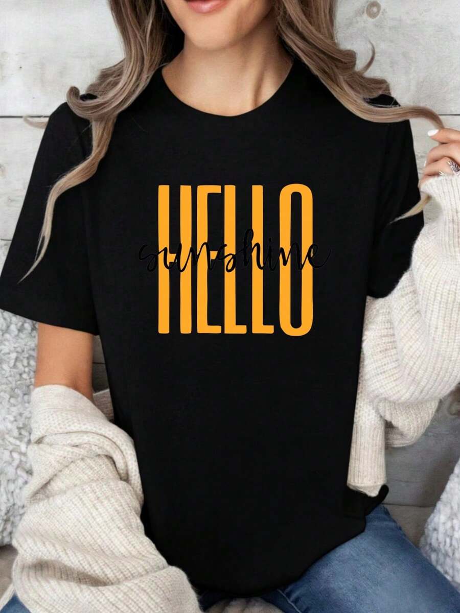 Women's Casual Cotton Crew Neck T-Shirts In Y2K Style - Simple Everyday T-Shirt With "HELLO Sunshine" Print. - 黑色 - 查看 1