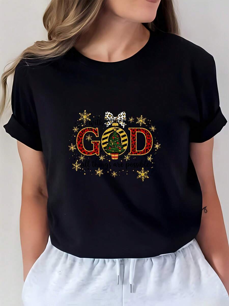Women's Casual Crew Neck Cotton T-Shirts - 180g Christmas Themed T-Shirts For Women - Christmas Family Gifts, Corporate Team Spirit Apparel, Christmas Party T-Shirts, Gift Boxed, Soft And Comfortable Style. Simple T-Shirt For Everyday Wear. - 黑色 - 查看 1