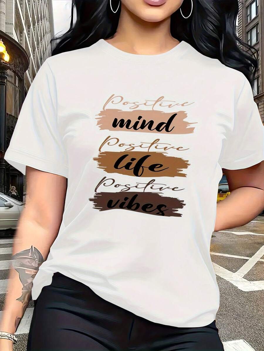 The Letter Prints With Visual Expressions Of Self-Motivation, Such As "Positive Mind," "Positive Life," And "Positive Vibes," Are Modern And Fashionable. This Simple And Versatile Women's Short-Sleeved T-Shirt With A Round Neck Is Suitable For Leisure, Travel, Vacations, And Other Activities. 2CBJ - 白色 - 查看 1