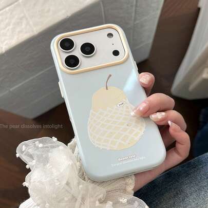 Kavenfort Light Blue Mesh Phone Case With Yellow Pear Pattern, Ins Style, Suitable For 17, 16 Pro, Anti-Drop, Suitable For 15, Fruit Theme Soft Case, Suitable For 14, Fit For 13, Fresh And Unique Personalized, Creative, Minimalist Style, Fresh Niche, Ins Style