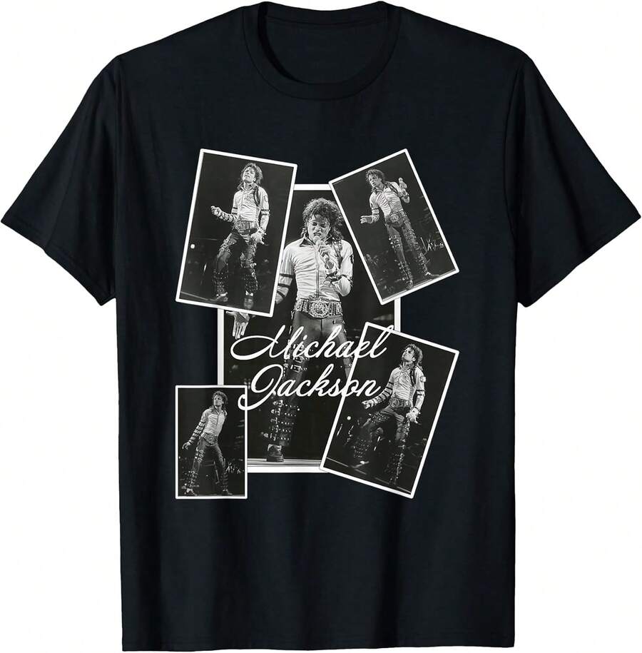 T-Shirt With Photo Collage, Style, King Of Pop Vintage Tee, Women's Blouses, Blouses, Casual Blouses For Women, Women's Tops, Tops, Unisex. - 黑色 - 查看 1