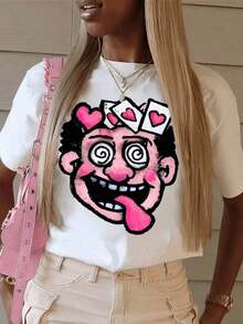 Funny Cartoon Face Graphic Print T-Shirt, Pink Tongue, 1 Piece, Casual For Women, 100% Cotton, Harajuku Style, Pure Cotton - 白色 - 查看 1