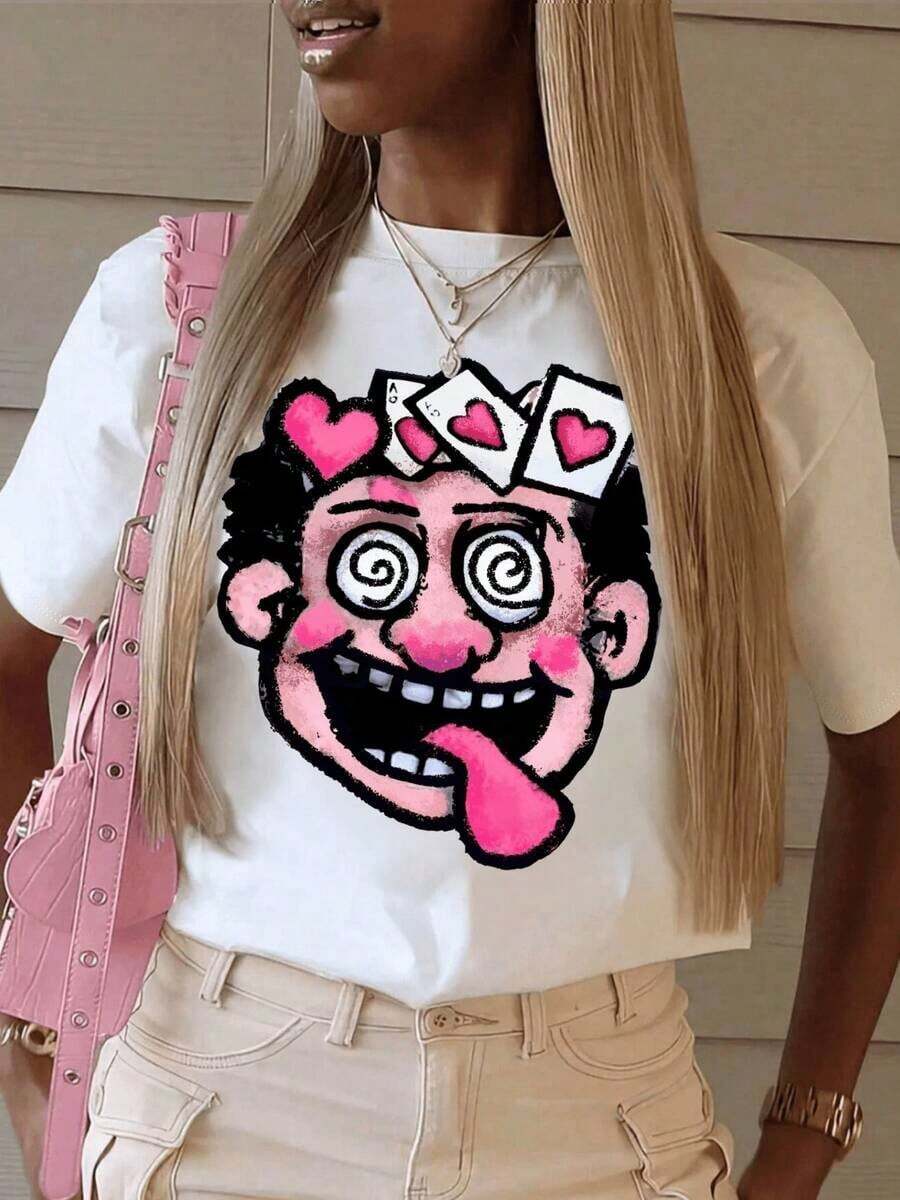 Funny Cartoon Face Graphic Print T-Shirt, Pink Tongue, 1 Piece, Casual For Women, 100% Cotton, Harajuku Style, Pure Cotton - 白色 - 查看 1