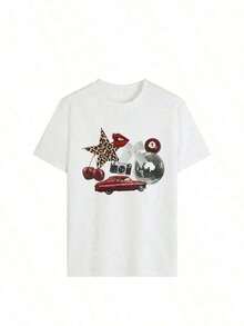 Camiseta de mujer de manga corta y cuello redondo con estampado de coche vintage, bola de discoteca y cerezas, estilo casual, adecuada para uso diario, color  Skin-FriendlyPure-Cotton - Blanco - Ver 5