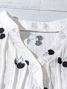 Blusa casual de manga corta con cuello con volantes y estampado de cerezas para uso diario y vacaciones - Blanco y Negro - Ver 3