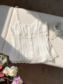 Top de Verano para Mujer con Diseño de Botones y Encaje en Color Sólido - Blanco - Ver 4
