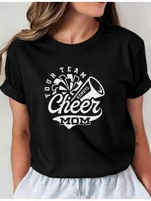 Soft Latest Style Graphic Print T-Shirt For Mother's Day And Team Moms, Basic Casual Crew Neck Short Sleeve T-Shirt For Spring And Summer Vacation, New Women's Clothing, Machine Washable, Casual Crew Neck Top, Comfortable Women's Clothing, Cute, New Arrival - 黑色 - 查看 6