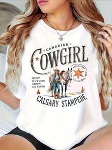Women's Canadian Western Cowgirl Print T-Shirt, Non-Denim Fabric, Casual Crew Neck, For Outdoor Gatherings, Cultural Experience Season - 彩色 - 查看 9