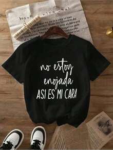Women's Basic Graphic Print T-Shirts, Casual Style, Short Sleeve, Crew Neck, Cool And Lightweight Design, Versatile And Comfortable, With The Phrase 'I'm Not Angry, That's My Real Face'. 100% Cotton. - 黑色 - 查看 1