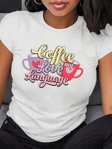 Women's Blouses: Loose-Fitting White T-Shirt For Women, Printed With A Coffee Cup Design And The Phrase "Coffee Is My Language Of Love" - Casual Short-Sleeved Round Neck T-Shirt, Loose, Breathable And Comfortable, Suitable As A Gift For Coffee Lovers, A Casual Garment For Spring, Summer And Autumn - Unisex Loose-Fitting Cotton Short-Sleeved Round Neck T-Shirt, Urban Vintage Style. - 白色的 - 查看 8