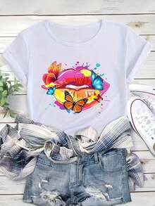 Fashionable Women's Top With Butterfly And Lip Print, Casual Short-Sleeved T-Shirt For Shopping, Parties, And Everyday Wear. ENTN 100% Cotton - 白色的 - 查看 3