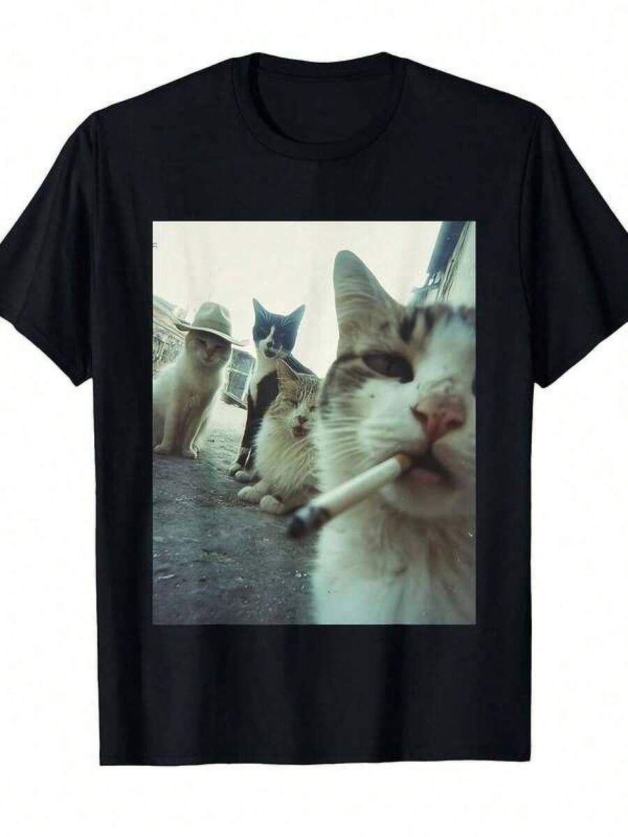 100% Algodón Premium 180g : Tシャツ Y2K estilo único con diseño de gatos divertidos y actitud rebelde, ideal para los amantes de lo original, excelente calidad y comodidad, destaca en cualquier ocasión, pieza única que resalta tu personalidad y amor por los felinos.. Ropa de Moda Casual Suave y Transpirable para Diario - Negro - Ver 1