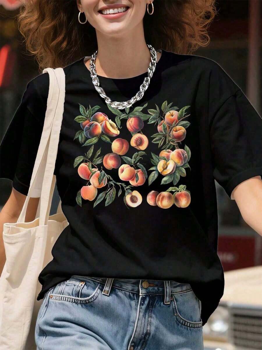 Cool T-Shirt, Casual T-Shirt With Peach Fruit Print, Graphic T-Shirt For Women, Casual Summer Top, Fashion Piece, Streetwear Style Outfit Choice. - 黑色 - 查看 1