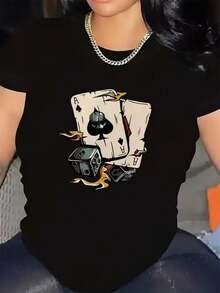 Women's Plus Size Summer Short-Sleeved T-Shirt With Round Neck, Breathable And Printed With Skull, Ace Of Spades And Dice Design, Suitable For All Seasons, Simple, For Christmas Gifts, Daily Wear, Very Suitable For Cool Summer. - 黑色 - 查看 1