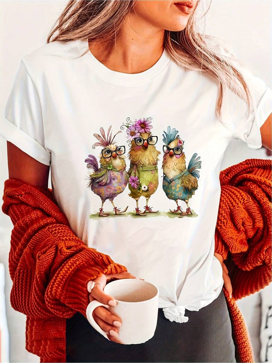 Women's Casual T-Shirt With Chick Family Print - Short Sleeve, Round Neck, Mom And Chick Design, Pink Feathers And Glasses, Relaxed Fit For Spring And Summer, Bird Themed Outfit (Machine Washable) - 白色 - 查看 1