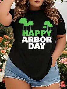 Women's Plus Size Tree Day T-Shirt With Tree Planting Celebration Graphic Print, Casual Summer Outfit For Earth Day And Nature Lovers. Loose Fit Women's T-Shirt. - 黑色 - 查看 7