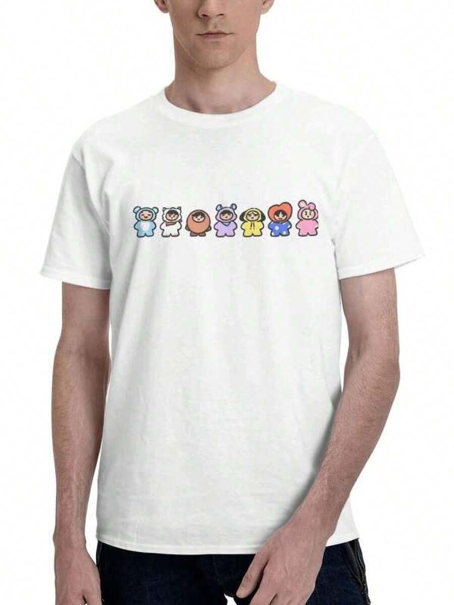 Unisex BT21 All Members Chibi Humanoid Horizontal Graphic T-Shirt, Bangtan Sonyeondan Fandom Kawaii Print Casual Short Sleeve Tee, Men's Cotton T-Shirts, Men's Jersey T-Shirts, Women's Cotton T-Shirts - 白色 - 查看 1