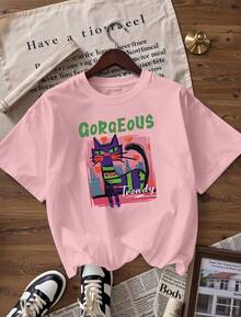 Purple Cat T-Shirt With Art Style And "Gorgeous" Text, Fashionable Short-Sleeve T-Shirt For Spring/Summer 2026, Made In Mexico, 180 Grams. Cartoon Print, Couple Design, Suitable For Indoor Or Outdoor Wear. Crew Neck, Unisex, Ideal For Office And Leisure. One-Pack. - PK-P631577SLNDXZGY612 - 查看 4