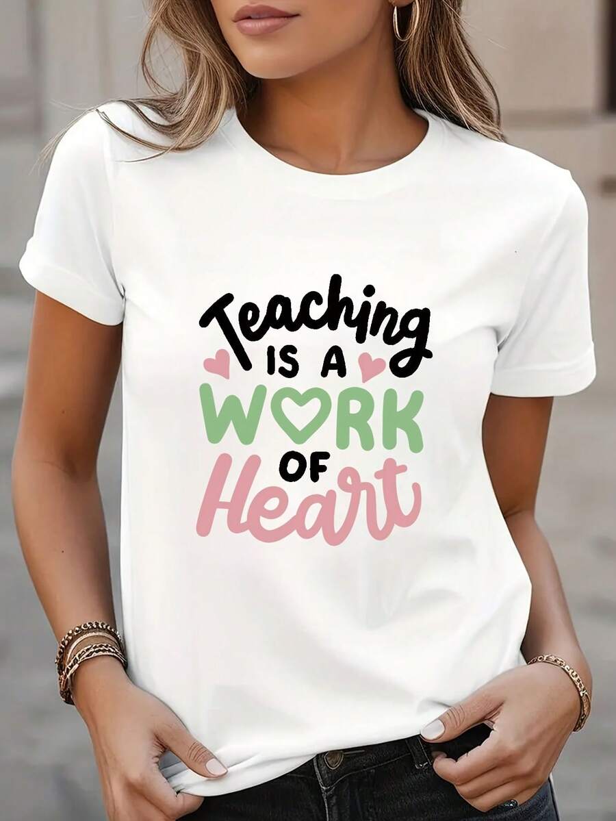 Women's Casual Sports T-Shirt With Text Design - Elastic Round Neck T-Shirt, Machine Washable, Comfortable Fit, For All Seasons, Brown Skin Woman Model In White T-Shirt. - White - View 1