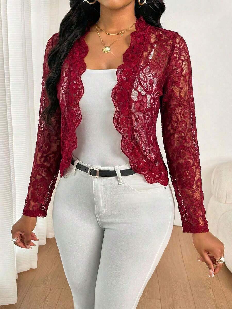 Lady Chaqueta elegante y casual con volantes de encaje para uso diario, para otoño - Burdeos - Ver 1