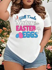 I'd Trade My Sister For Easter Eggs, Funny Easter T-Shirt For Women, Plus Size, Easter Bunny T-Shirt, Easter Egg Hunt Gift, Easter Outfit, Easter Party T-Shirt. - 白色 - 查看 7