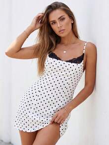 Women's Dot Print Lace Patchwork Mini Bodycon Dress - Spaghetti Strap Sleeveless For Vacation  Cocktail Party - White - View 4