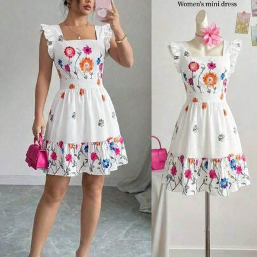 Vestido casual de vacaciones con estampado floral, sin mangas, cuello cuadrado, cintura ceñida y volantes en el bajo, adecuado para carnaval, Día del Trabajo, Pascua, vuelta al colegio, Día del Maestro, estudiante, campus, viaje, verano - Multicolor - Ver 1