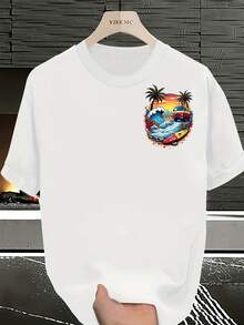 Men's Tropical Surf T-Shirt - Lightweight And Breathable, With Palm Tree, Wave, And Surfboard Prints On The Back - Loose-Fitting Surf-Themed T-Shirt, Perfect For The Beach And Summer - A Must-Have Casual Surfer's Top, Beach T-Shirt, Summer Wear, Plus Sizes Available. - 白色 - 查看 1