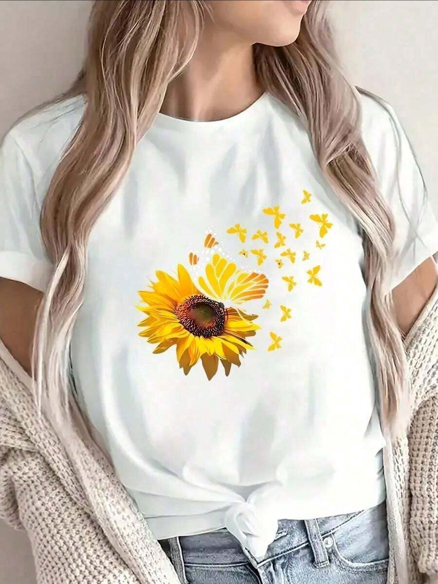 1 pieza clásica y versátil, camiseta corta de algodón puro con mangas cortas, dise? para mujer con motivos de girasol y mariposa. Estilo moderno. - Blanco - Ver 1